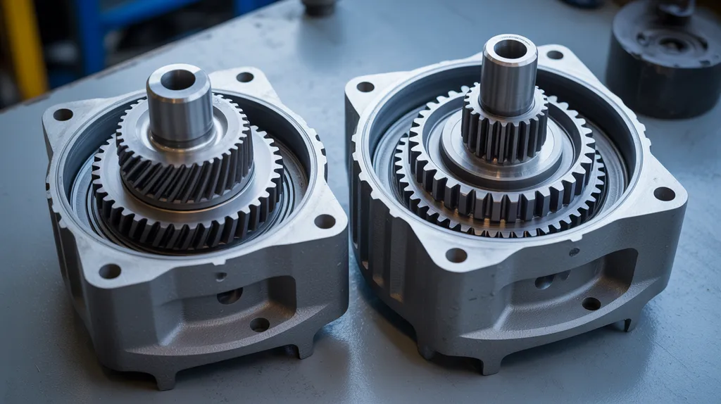 Cutaway view comparing a helical gear pair and a planetary gear set inside industrial gearbox housings
