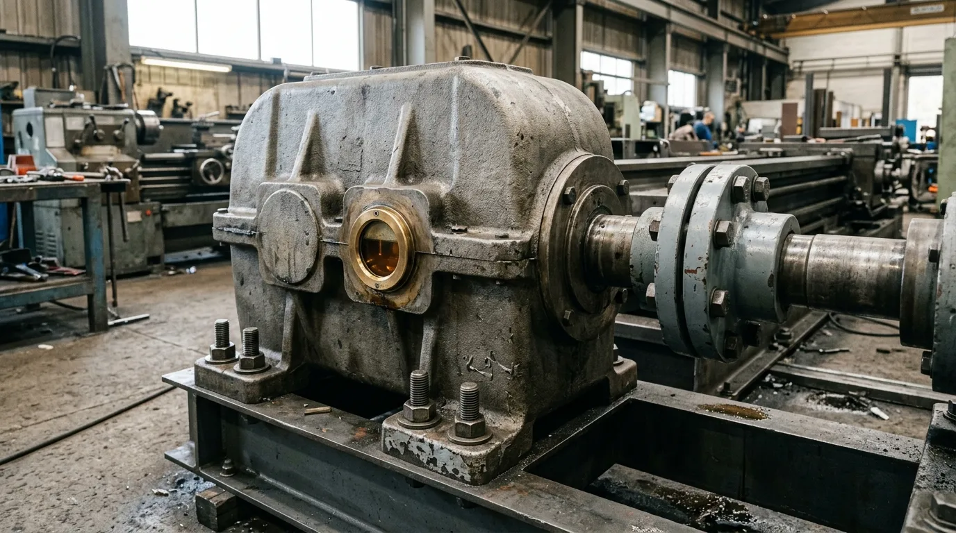Gearbox mounted on a machine base with its output shaft coupled to a driven shaft and an oil sight glass visible