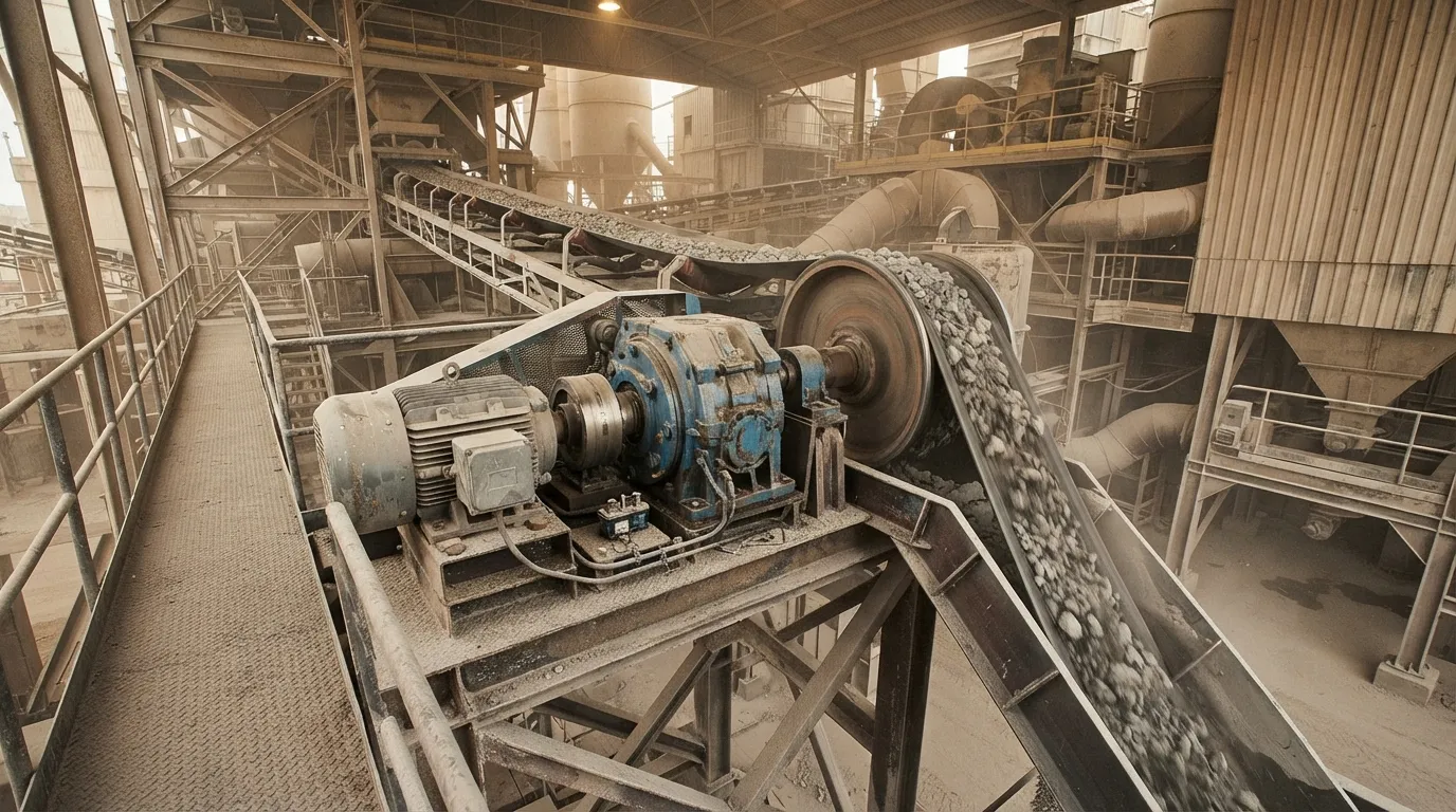 Motor and gearbox assembly driving a conveyor head pulley on a bulk material handling line