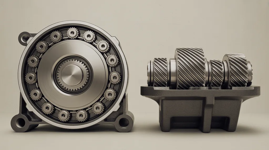 Cutaway planetary and helical gearboxes shown side by side