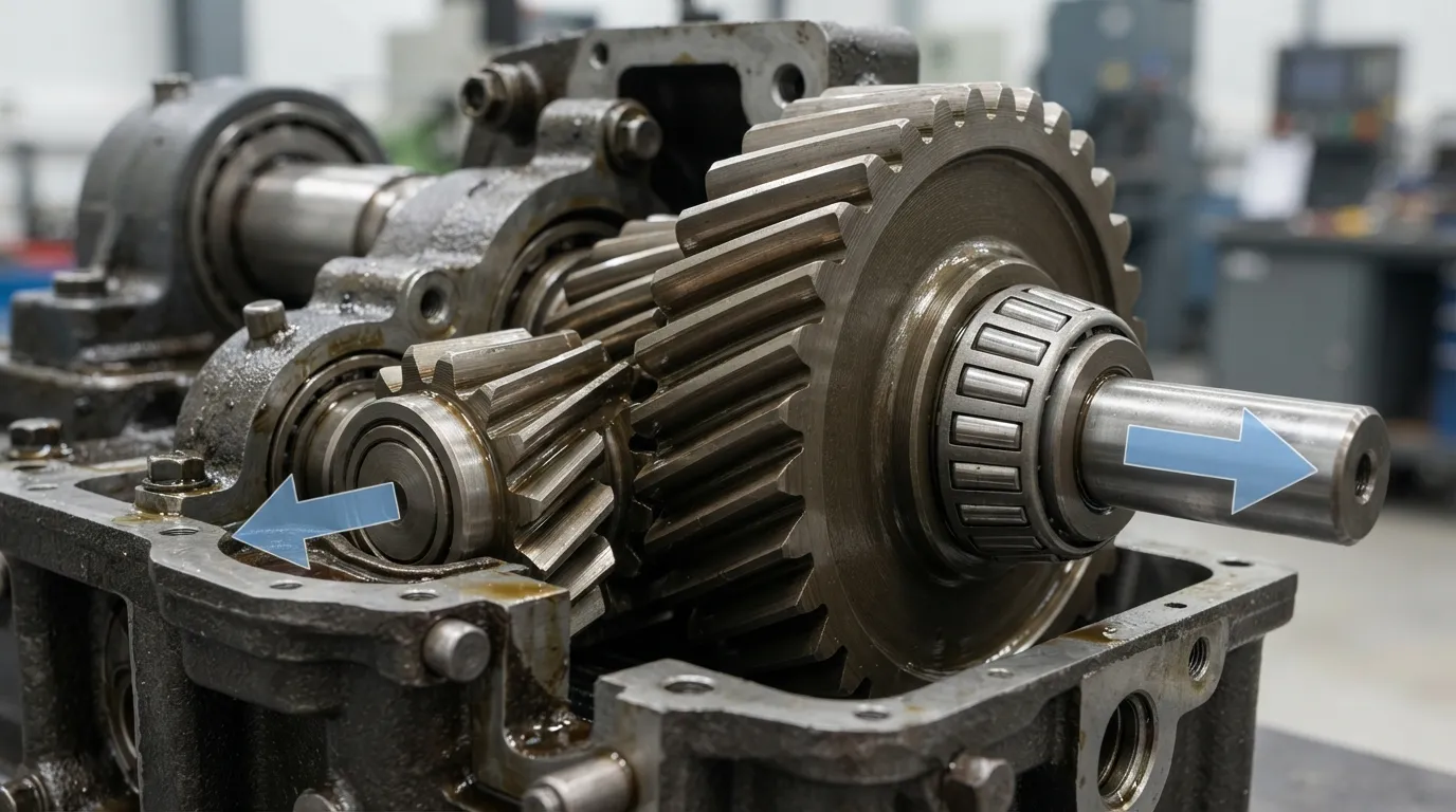 Helical gear teeth meshing inside a gearbox with axial thrust direction shown