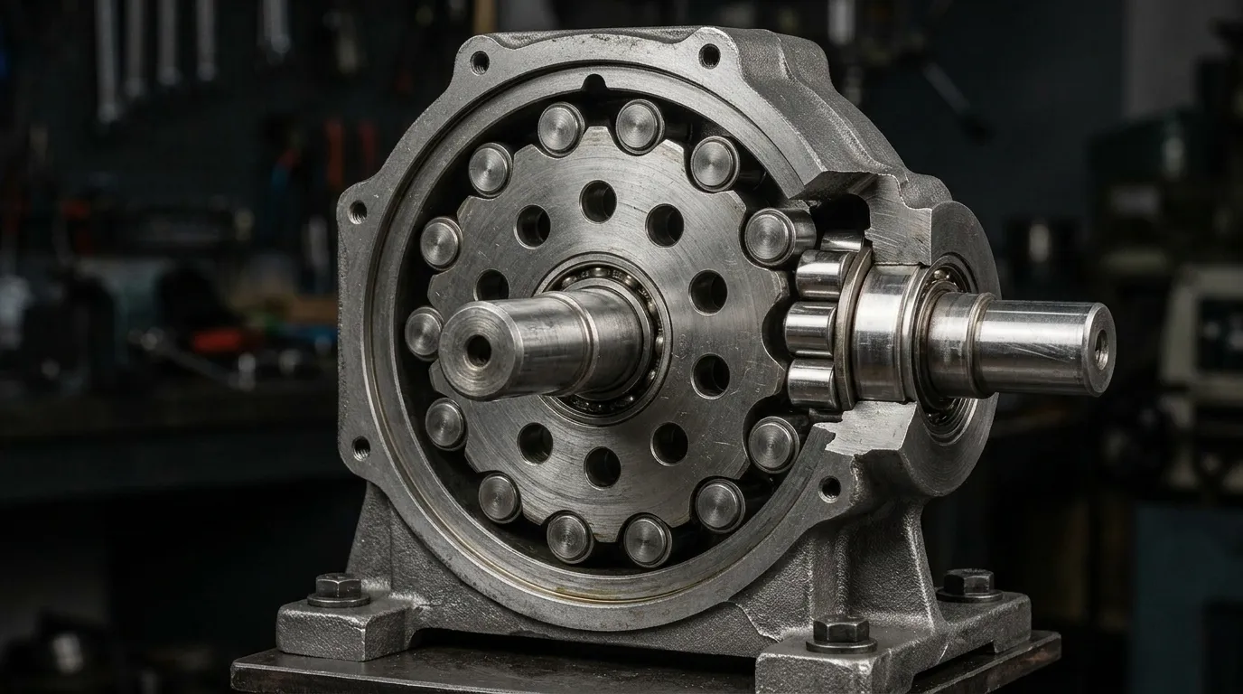 Cutaway of a cycloidal gearbox revealing the cycloid disc and roller pins inside a cast iron housing