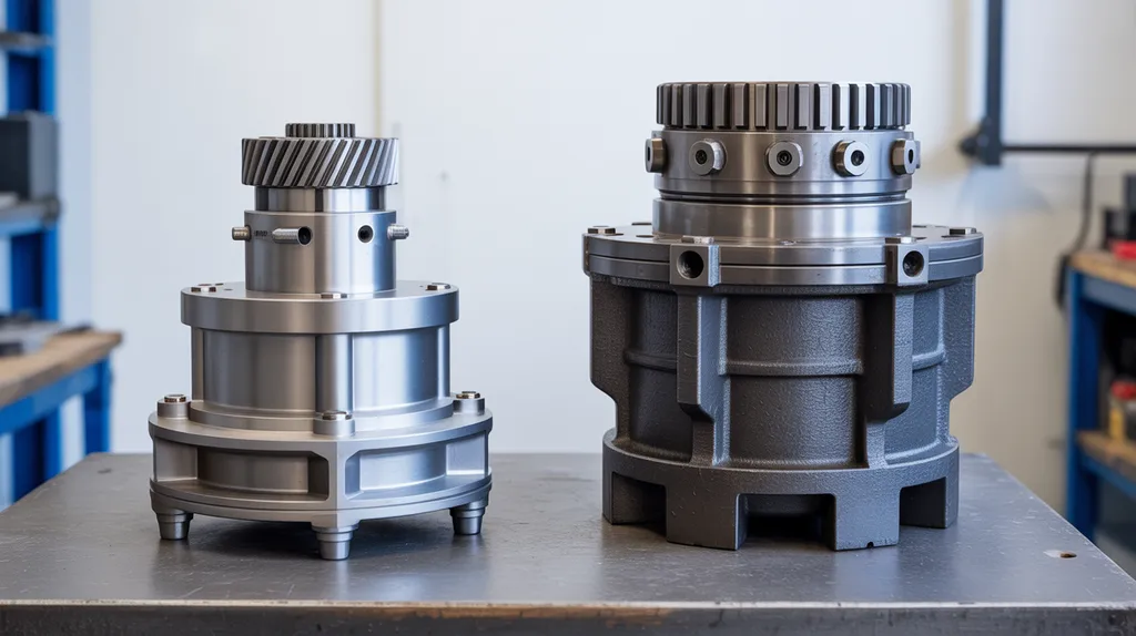 Two gearboxes of different sizes on a workbench showing industrial versus precision designs
