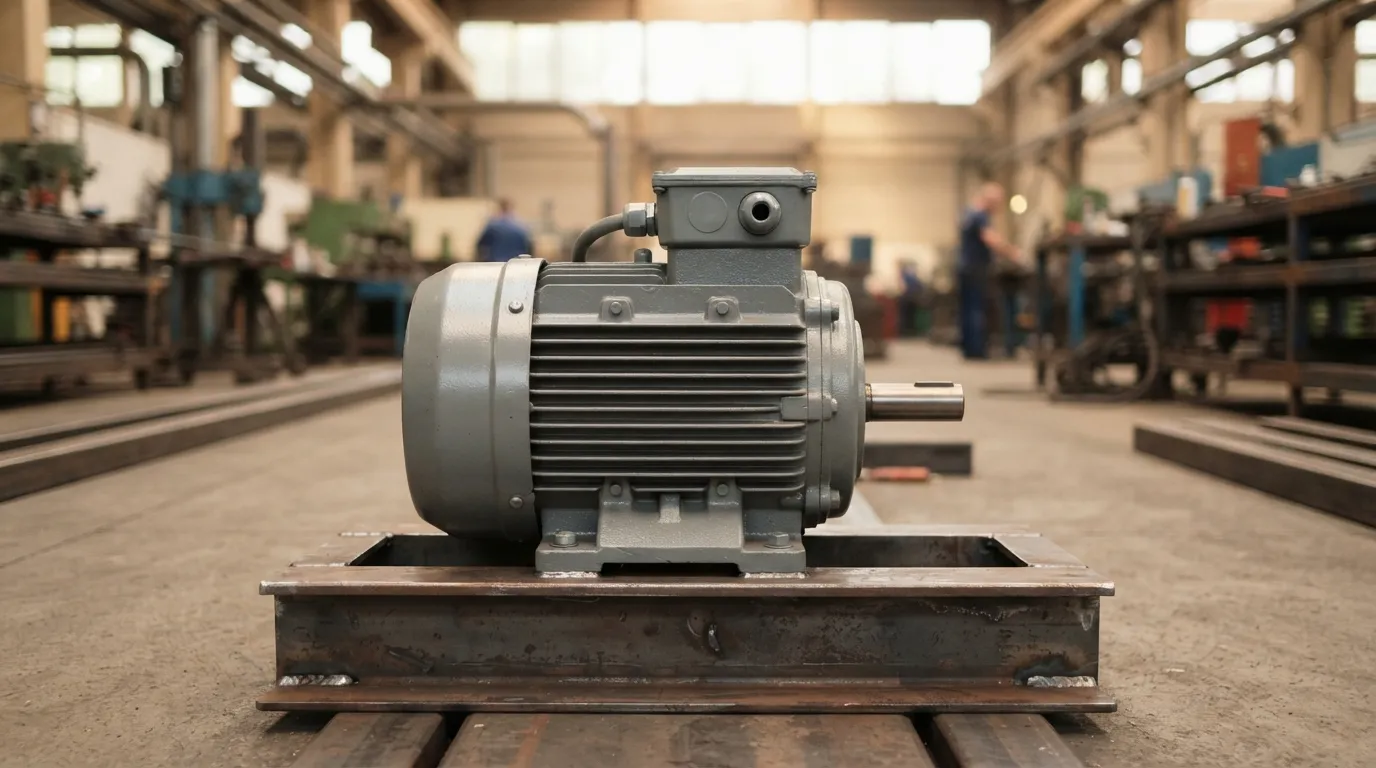 Eigenständiger Elektromotor mit Kühlflossen und Klemmenkasten, der auf einer Grundplatte montiert ist.