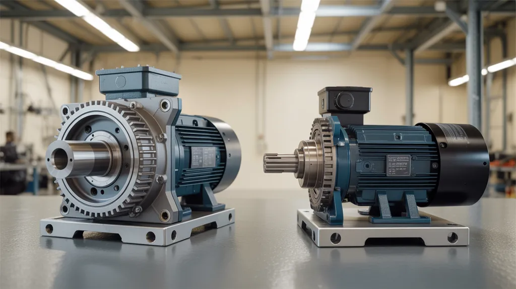 Nebeneinander-Vergleich eines integrierten Getriebemotors und eines separaten Motors mit externem Getriebe.