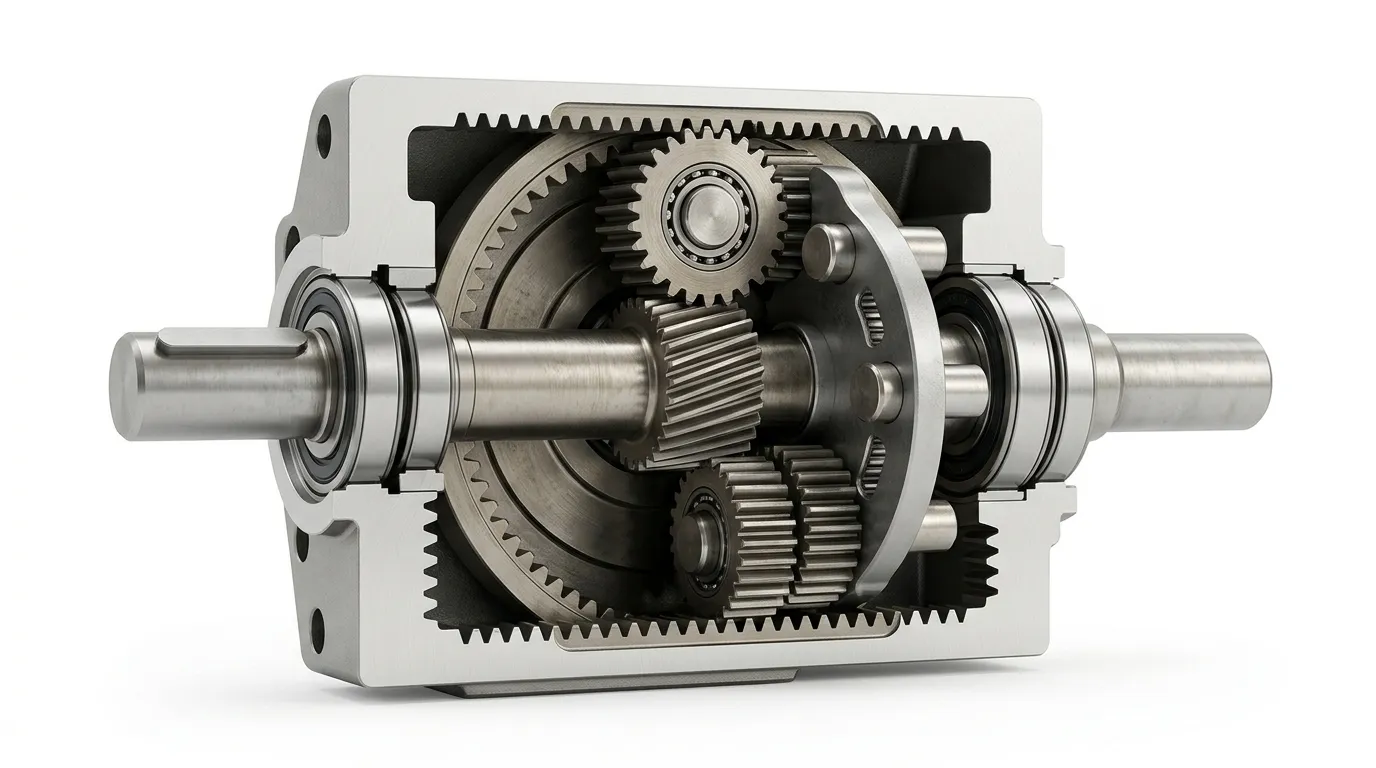 Cutaway cross-section of a planetary gearbox showing sun gear, three planet gears, carrier, and ring gear.