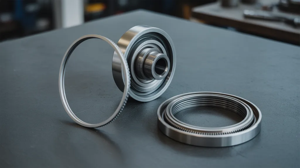 Disassembled harmonic drive components including wave generator, flexspline, and circular spline on a workbench.