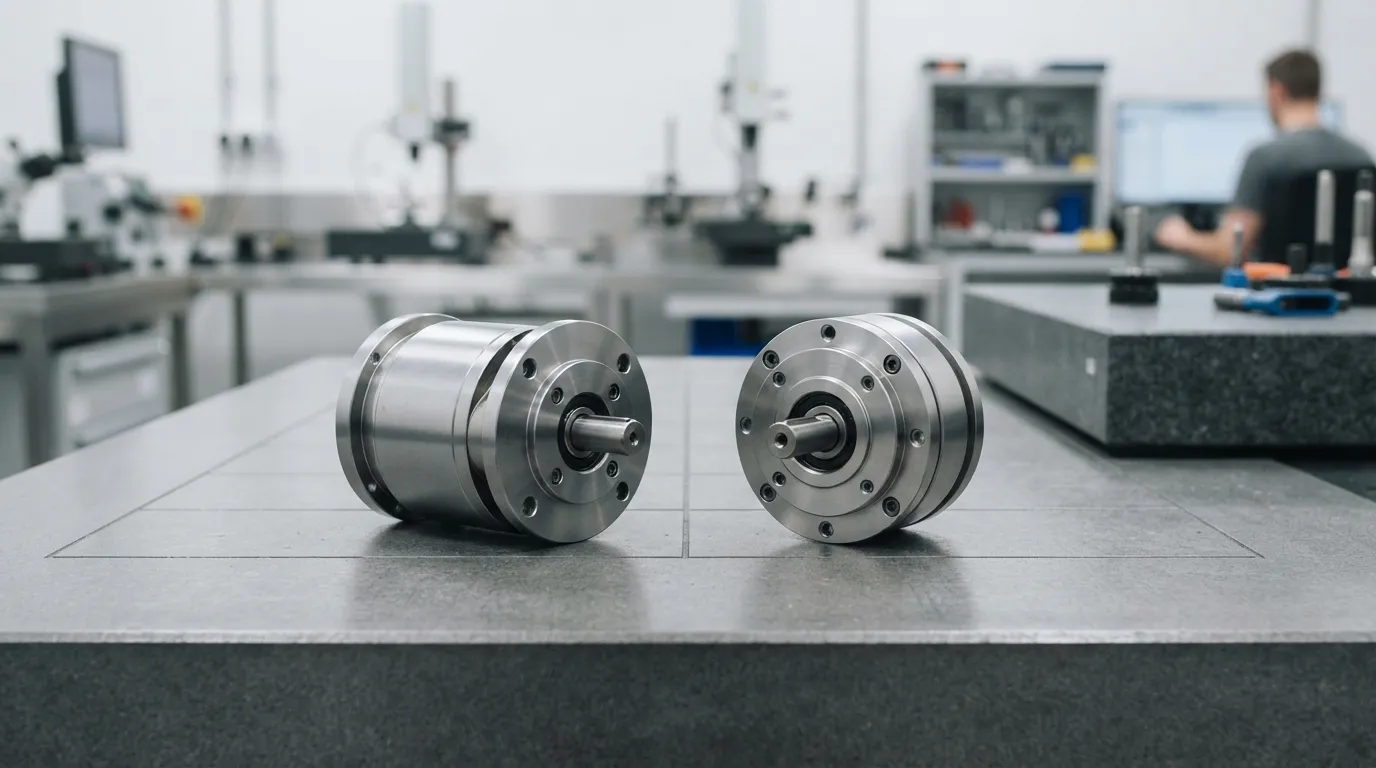 A planetary gearbox and a harmonic drive unit placed side by side on an inspection table for comparison.