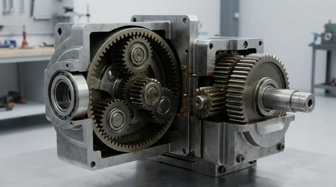 Cutaway of a planetary gear set with sun, planet and ring gears beside a parallel-shaft spur gear pair