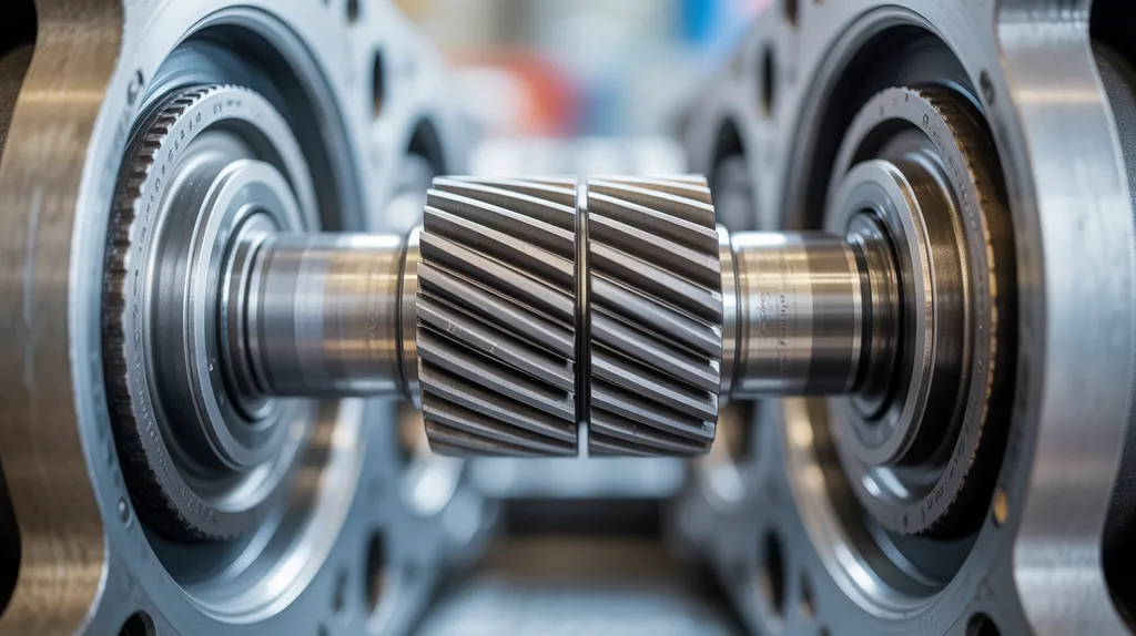 Close view of straight-cut spur gear teeth meshing on parallel offset shafts inside an open reducer housing