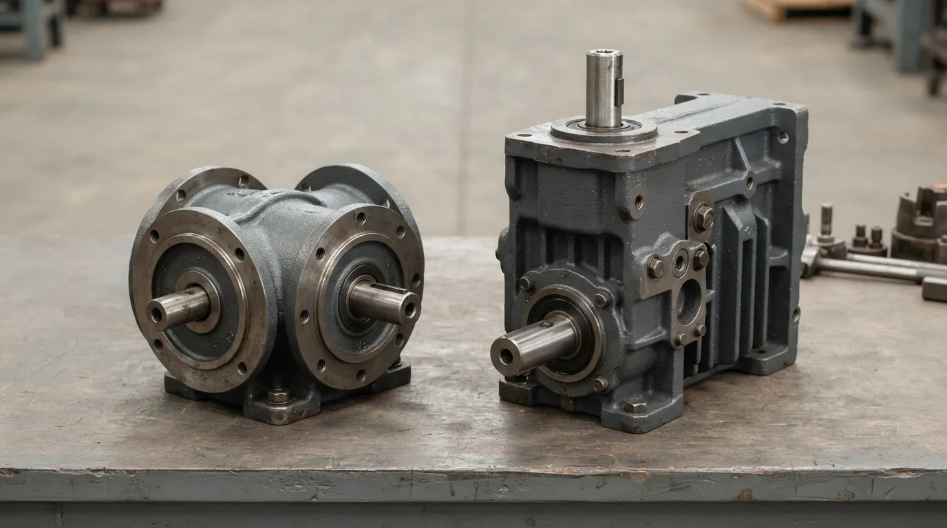 A short coaxial planetary reducer beside a longer parallel-shaft spur gearbox on a workshop bench