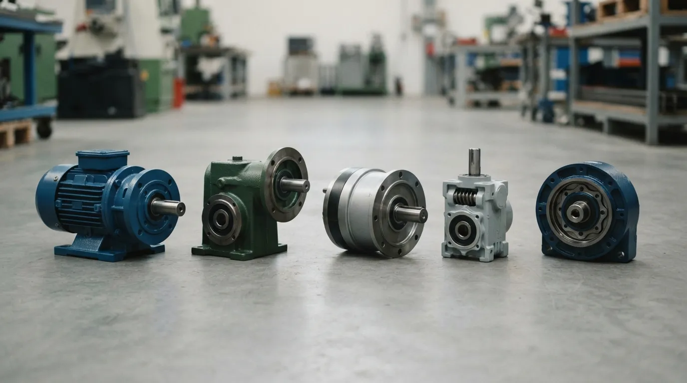 Assortiment van vijf industriële apparatuurunits op een werkplaatsvloer, inclusief een spiraalvormige tandwielmotor, Rechthoekige versnellingsbak, Planetaire reductor, wormtandwielmotor en cycloïdale reductor.