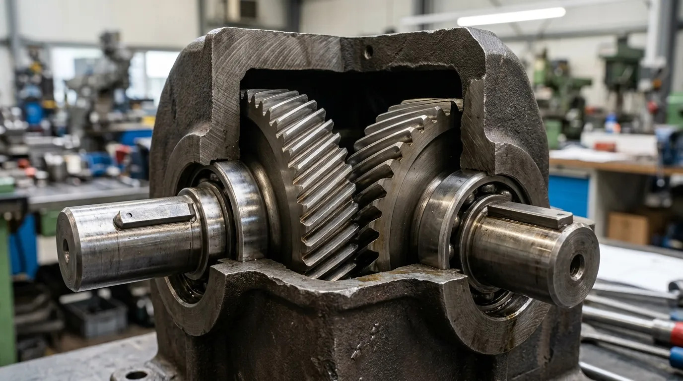 Cutaway view of meshing helical steel gears inside a cast iron gearbox housing.