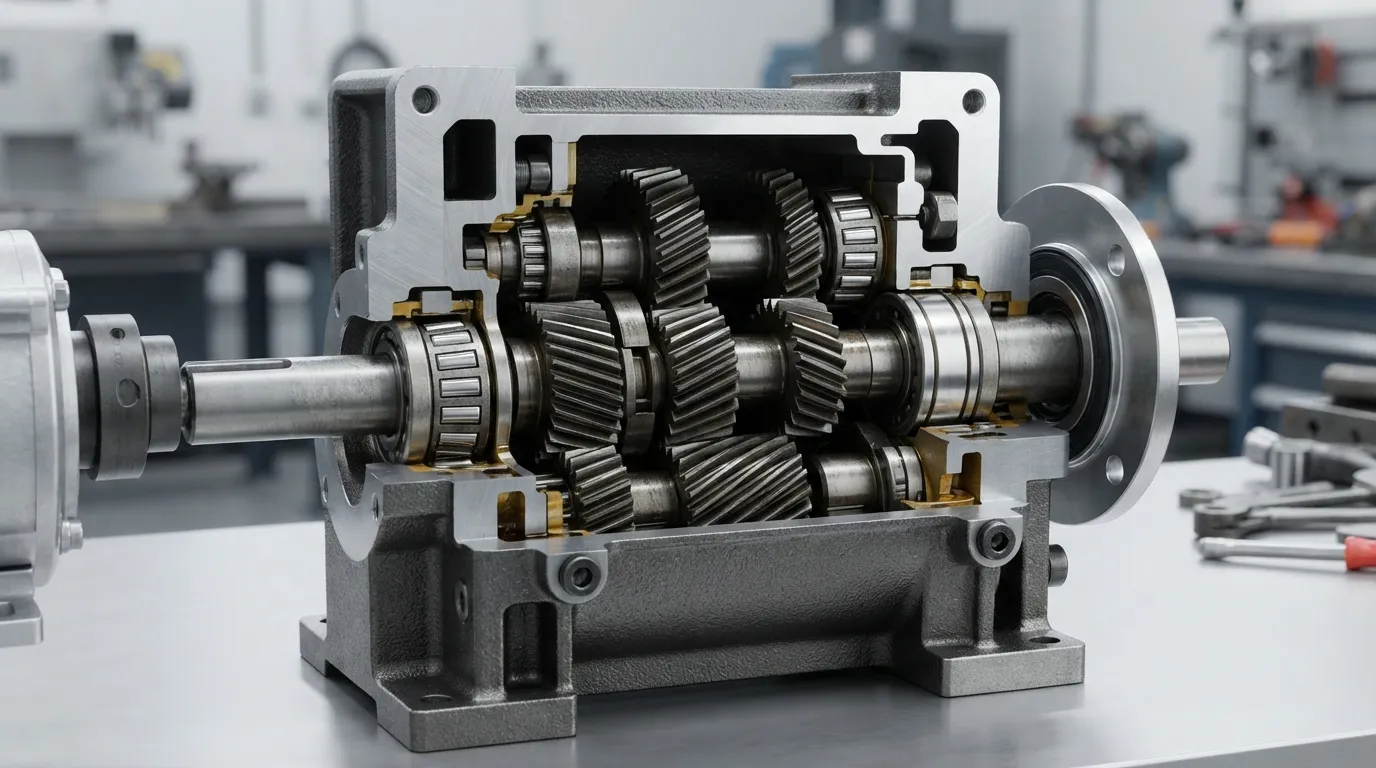 Cross-section diagram of a gearmotor showing internal shafts, bearings and gear stages inside the housing.