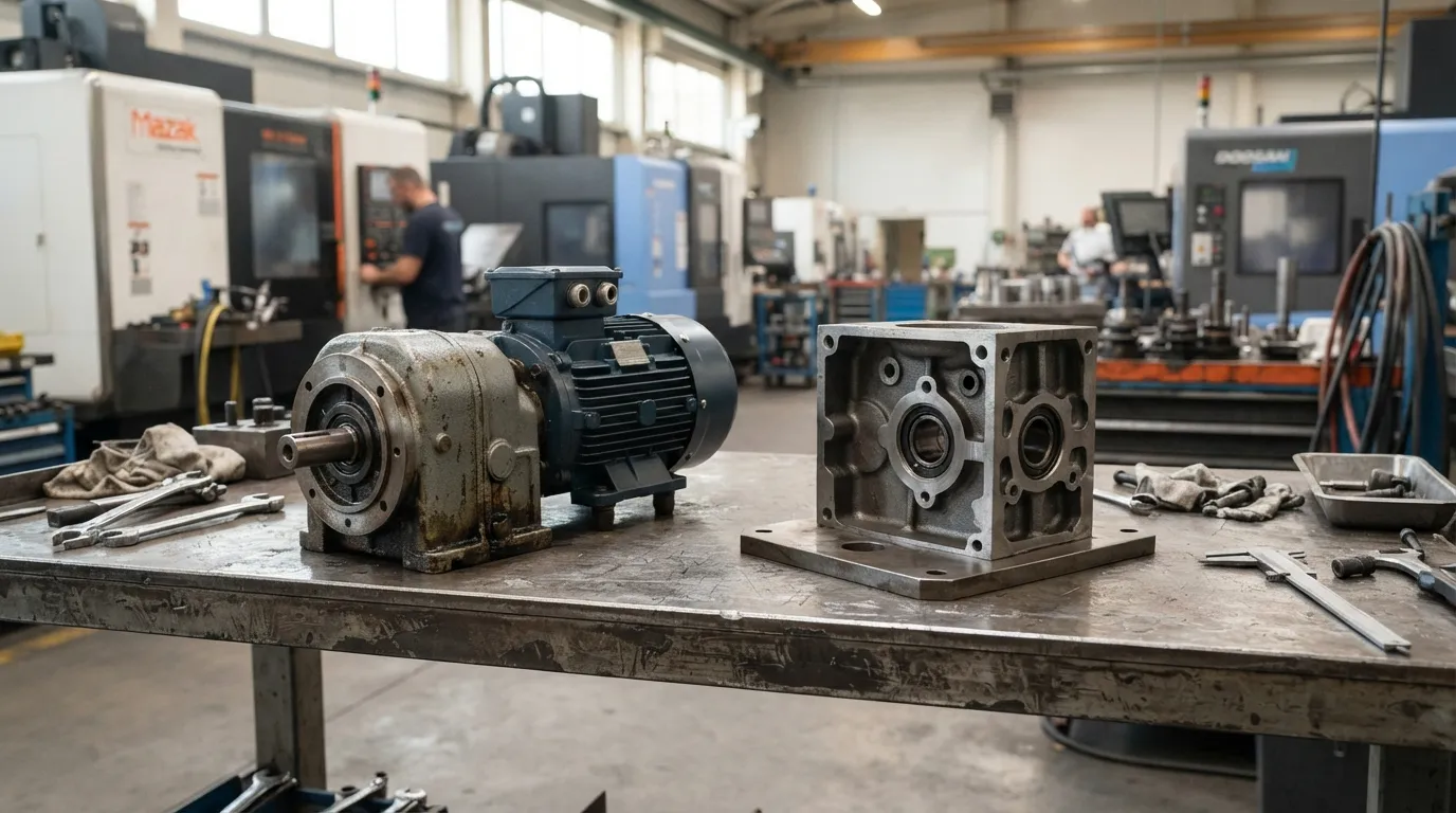 Modular gearmotor and exposed gearbox housing side by side on a workshop bench with machine tools in the background.