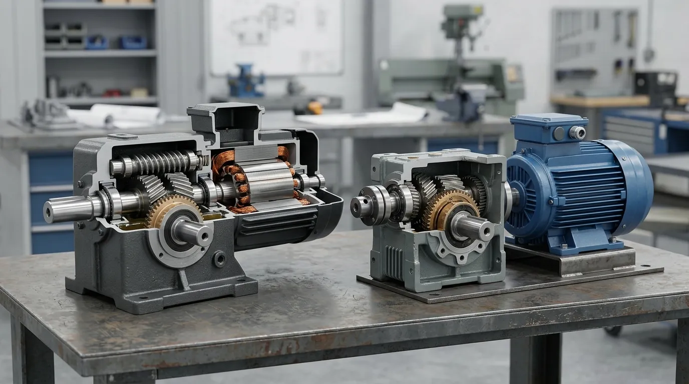 Integrated gear motor shown beside a separate motor and industrial gearbox