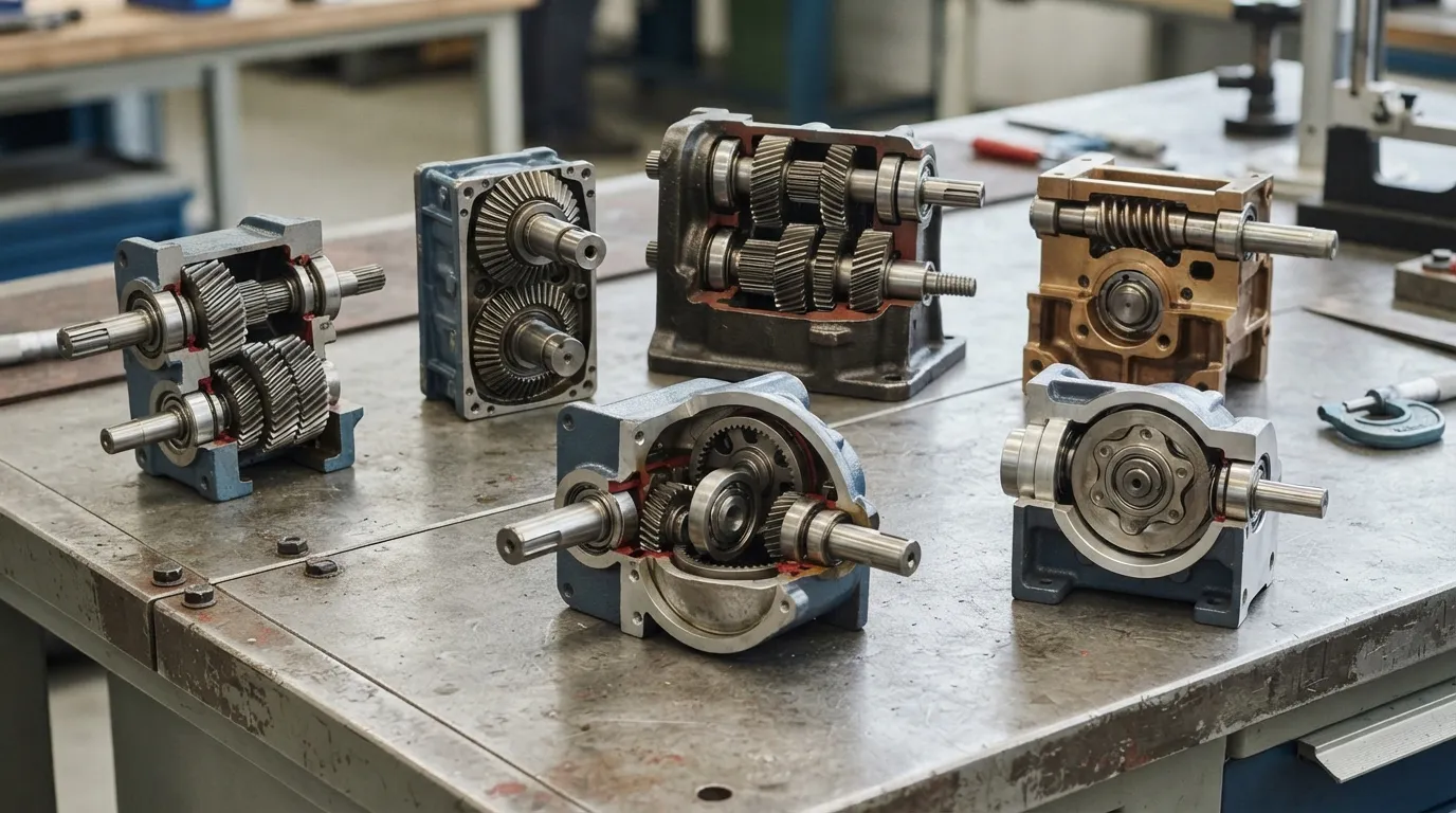 Cutaway gearmotor mechanisms with helical, bevel, worm, planetary and cycloidal arrangements