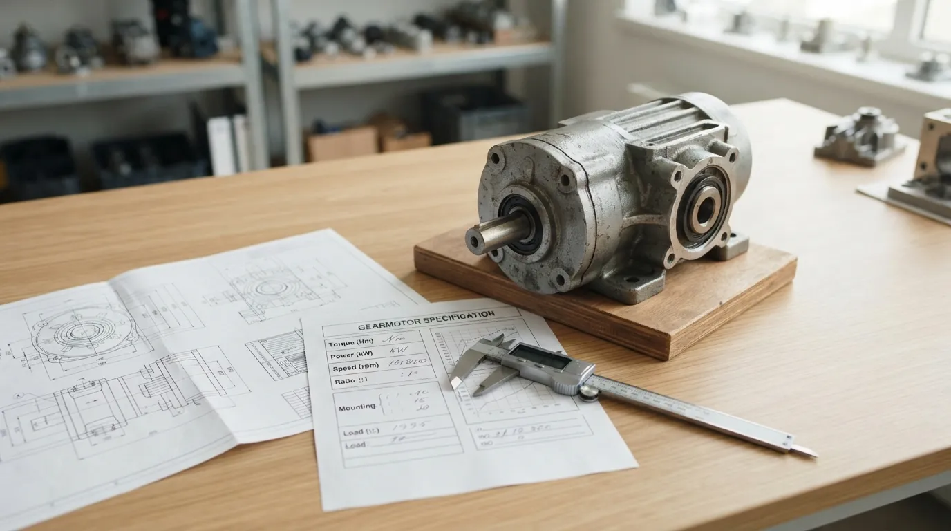 Unbranded gearmotor beside unreadable technical drawings and procurement documents