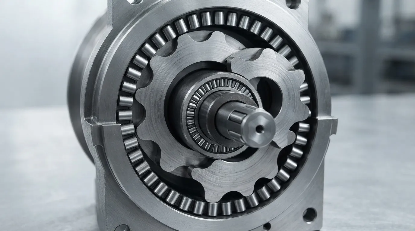 Cutaway of a cycloidal gearbox with two discs, eccentric bearing, and ring pins in contact.