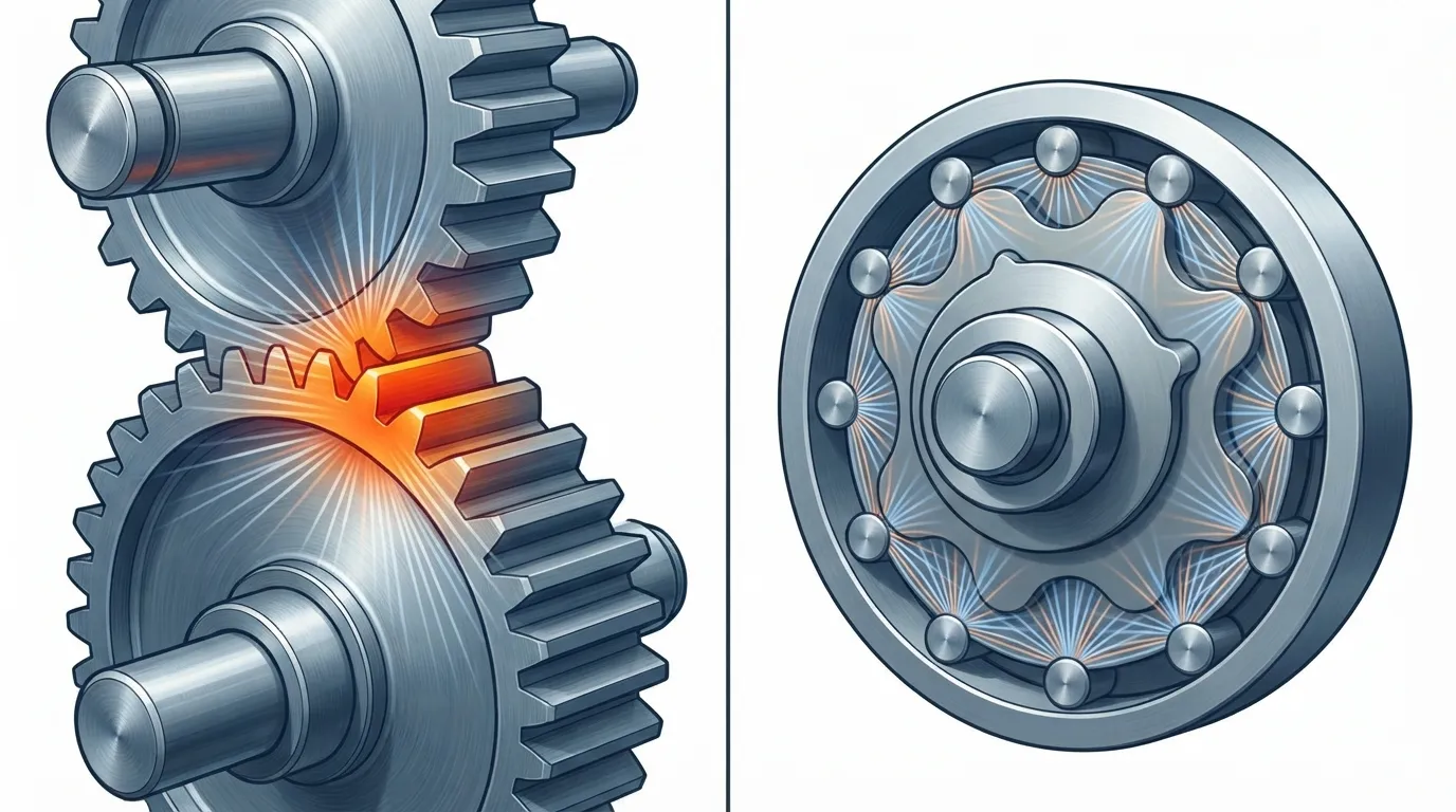 Side-by-side comparison of gear tooth contact versus cycloidal multi-lobe load sharing.