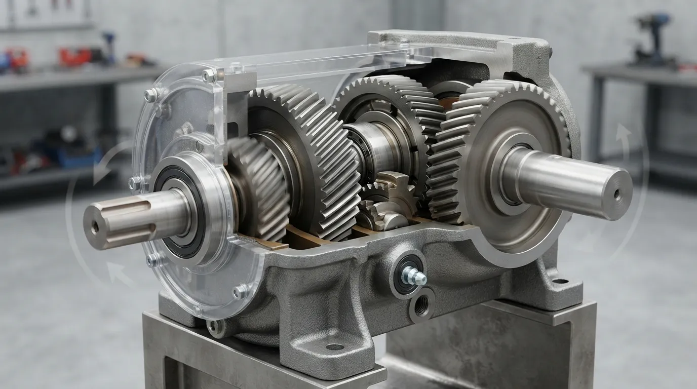 Cutaway industrial gearbox showing reduction gears between input and output shafts