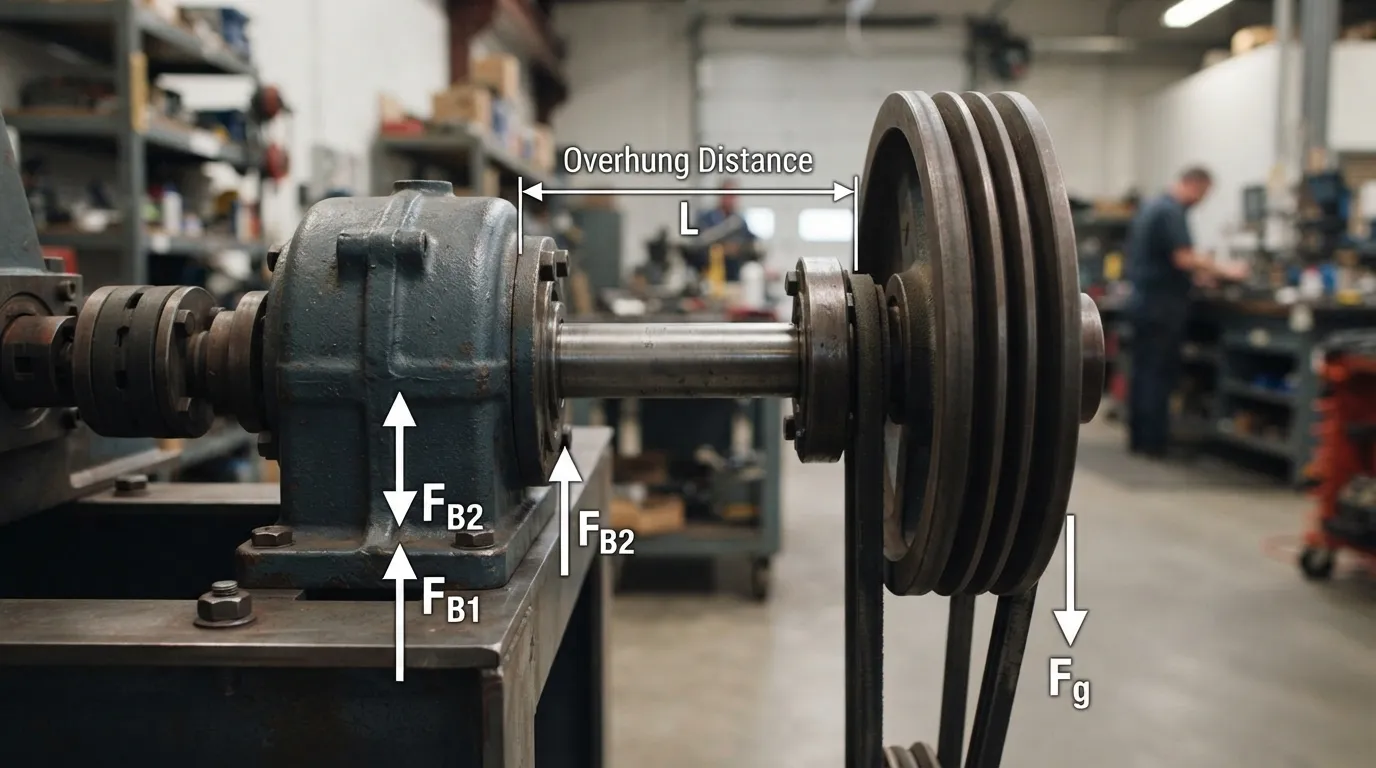 Gearbox output shaft with pulley positioned beyond the bearing housing for an overhung-load check