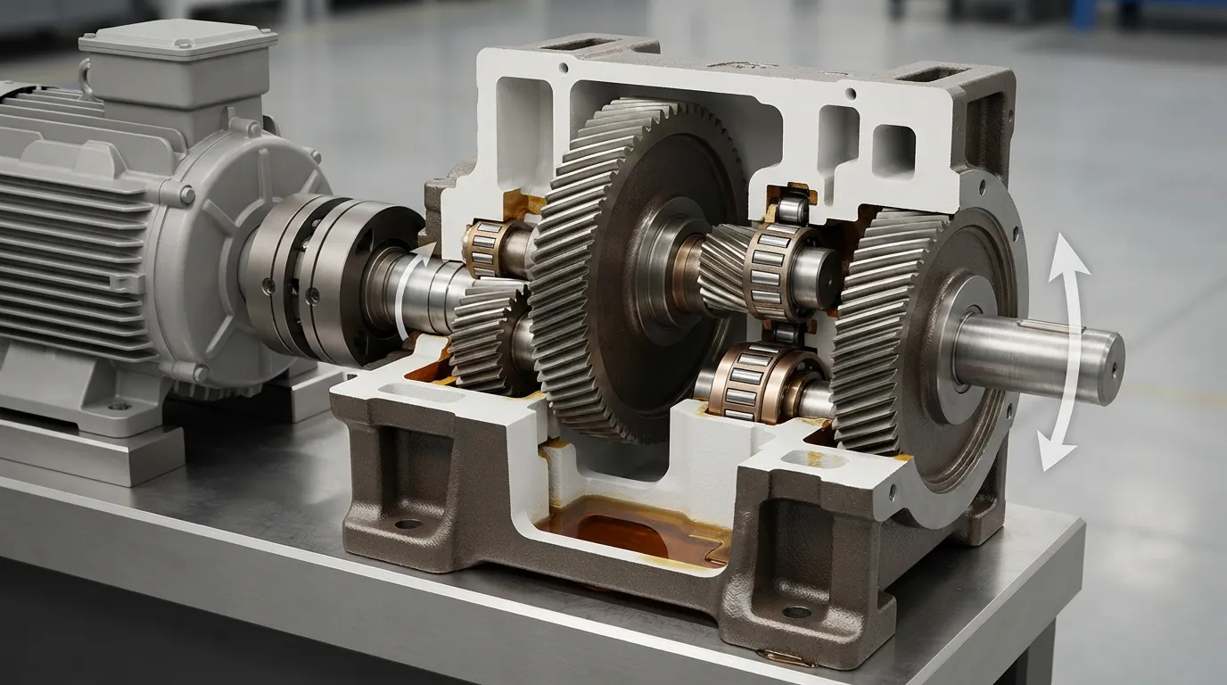 Cutaway reduction gearbox showing meshing gears between an input shaft and a slower output shaft