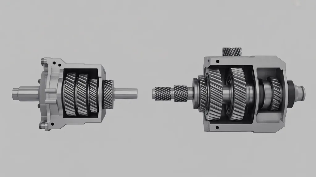 Side-by-side cutaway comparison of single-stage and multi-stage gearbox arrangements